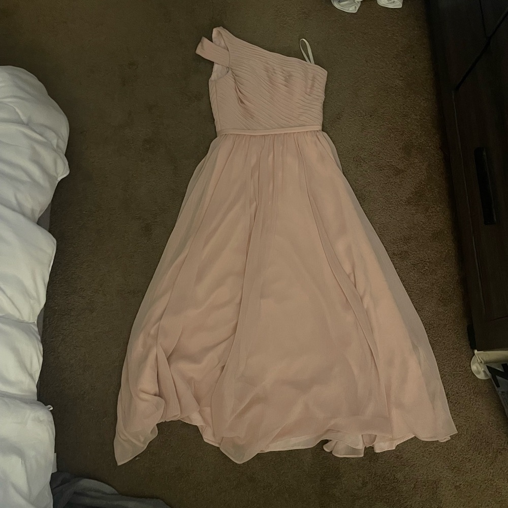 one shoulder blush colored dress